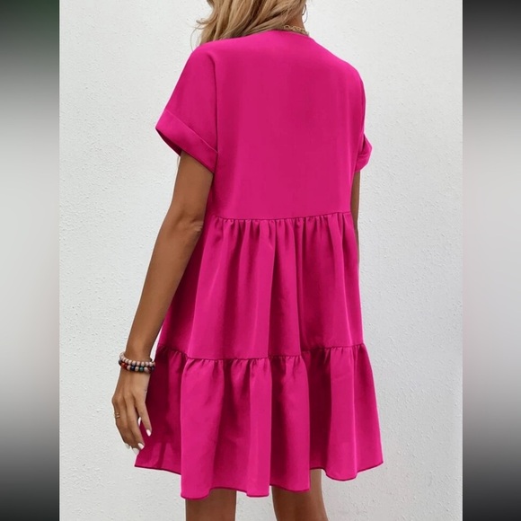 SHEIN Ruffle Hem Solid Hot Barbie Pink V-Neck Flowy Mini Dress Women’s Small - Picture 2 of 7